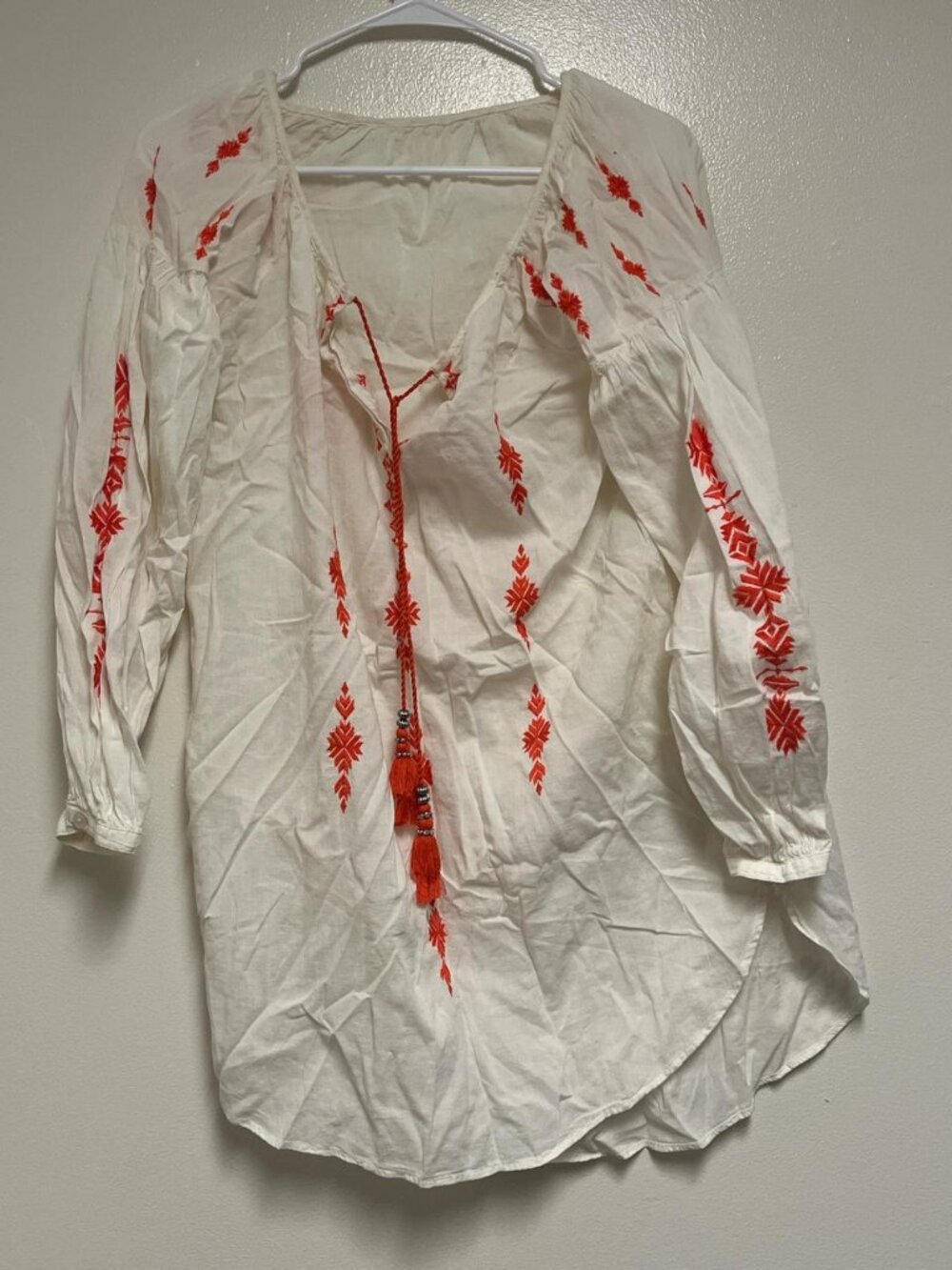 White and Red Embroidered Tie-Front Blouse Size L